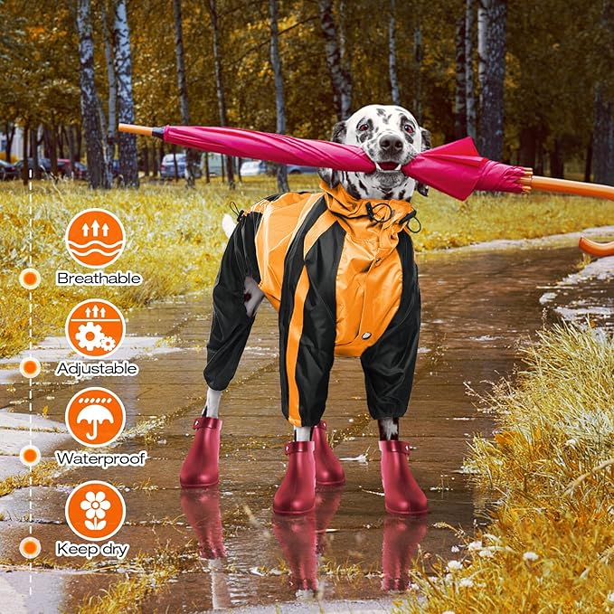 Dog Raincoat, Waterproof Rain Jacket, Adjustable 4-Legs Pet Poncho with Hood, Snow-Proof Dog Vest Rainwear, Lightweight Rain Clothes Apparel with Leash Hole