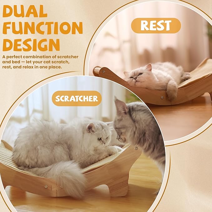 Natural Sisal Cat Scratcher Bed for Indoor Cats Scratching Post Hammock Lounge with Oak Frame, Wooden Cat Furniture for Large Cats, Modern Scratcher