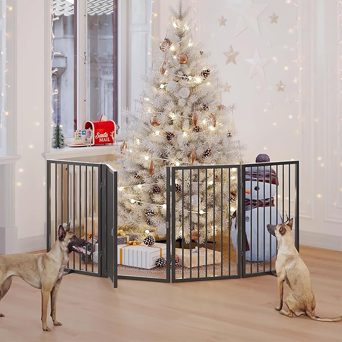Vantas Folding No-Assembly Metal Pet Gate 80" Wide, 32" Extra Tall Dog Gate with Door Walk Through, Freestanding Accordion Puppy Gate Dog Door for Indoor & Outdoor, with 2PCS Support - Black