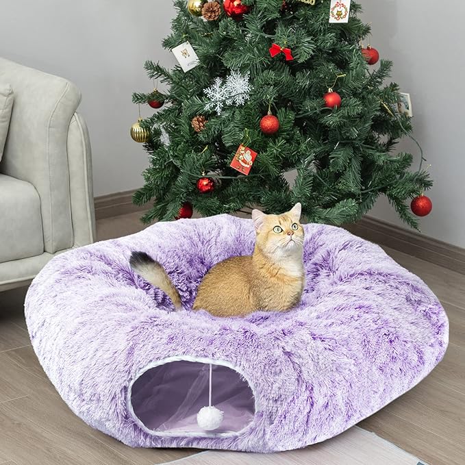 AUOON Cat Tunnel Bed for Indoor Cats - Christmas Tree Cat Tunnel, Circle Peekaboo Cat Cave with Washable Mat for Indoor Cats Kitten Kitty Puppy Rabbit Ferret (Purple)