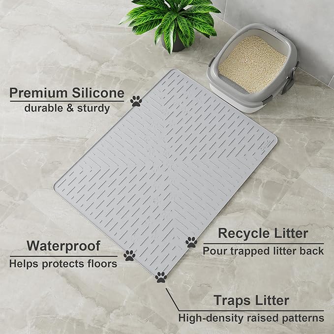 OHMO Cat Litter Mat Large Trapping Mat Premium Silicone Rubber 31.5x23.6 Ash Grey, Waterproof and BPA Free Kitty Litter Box Mat, Easy to Clean and Keeps The Floor Tidy