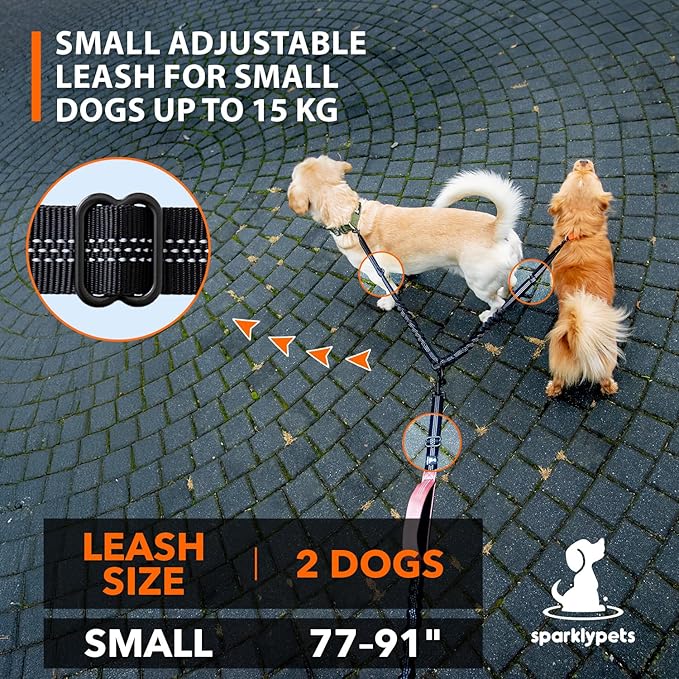 SparklyPets - Hands Free Double Dog Leash - Dual Dog Leash for 2 Small Dogs - with Padded Handles, Reflective Stitches - No Pull, Tangle Free, for Walking, Hiking, Canicross - for Small Dogs