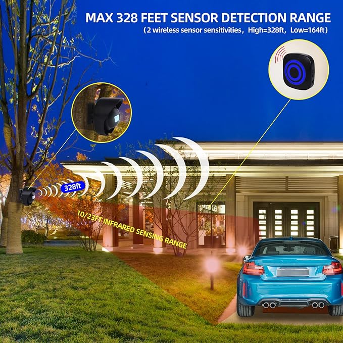 Driveway Alarm-328ft Long Range Wireless Driveway Alarm Weatherproof Outdoor Motion Sensor&Detector Security Alert-Protect Outdoor/Indoor Property-1 Receiver and 4 Sensors-38 Chimes