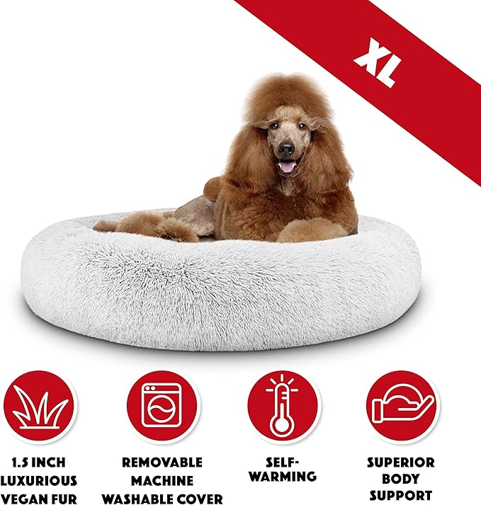 The Dog's Bed Sound Sleep Donut Dog Bed, Ice White Fur XL, Veterinary Approved