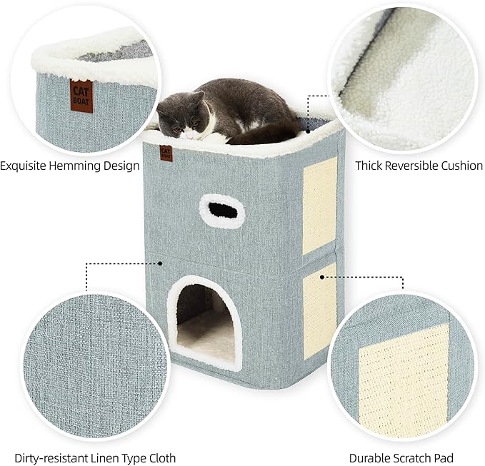 CATBOAT 2-Storey Cat House for Indoor Cats Bed, Covered Beds & Furniture with Scratch Pad and Hideaway Cave, Cute Modern Condo for Multi Small Pet Large Kitten Kitty, Light Grey