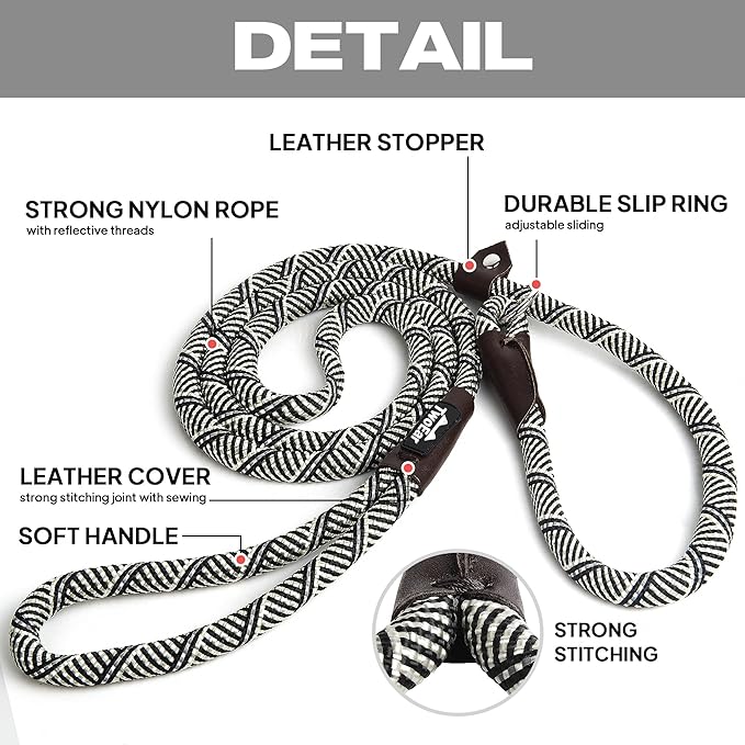 TwoEar Slip Leads for Dogs, 1/2" x 6FT Slip Leash for Large Dogs with Highly Reflective Threads, Comfortable Strong Rope Slip Leads, No Pull Pet Training Leash, Grey
