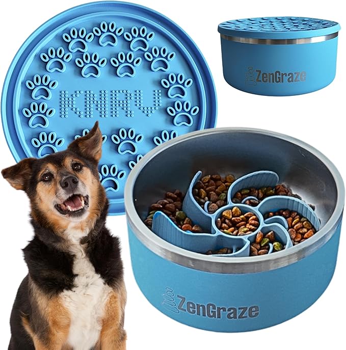 Slow Feeder Dog Bowl with Premium Lick Mat Lid | Stainless Steel Dog Bowls | Removable Slow Feeder Insert | Heavy-Duty, Non-Slip & Durable | 64 oz | Medium to Large Dogs (Eli Blue)