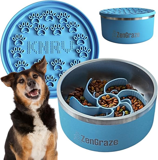 Slow Feeder Dog Bowl with Premium Lick Mat Lid | Stainless Steel Dog Bowls | Removable Slow Feeder Insert | Heavy-Duty, Non-Slip & Durable | 64 oz | Medium to Large Dogs (Eli Blue)