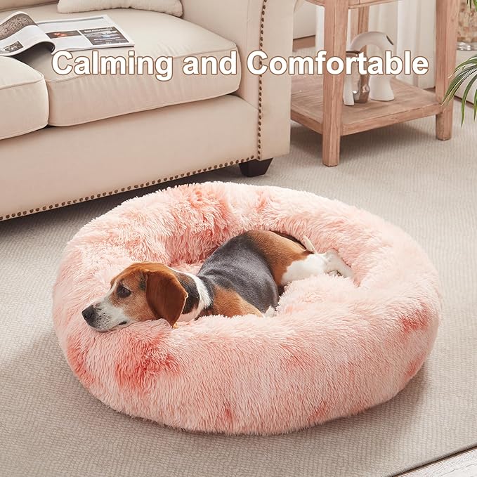 33 inches Donut Dog Bed for Medium Large Dogs,Calming Fluffy Round Pet Bed with Removable & Washable Cover,Fits up to 65 lbs Pets(Tie-dye Pink,M Plus)