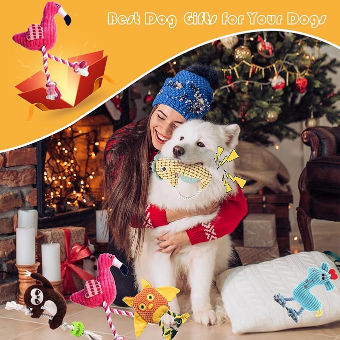 5 Pack Plush Dog Toys with Rope, Squeaky Dog Toys, Tug of War Dog Interactive Toy, Durable Dog Chew Toys for Large Dogs & Puppies