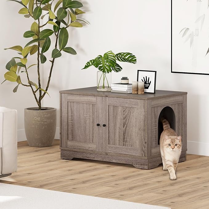 Tangkula Cat Litter Box Enclosure, Wooden Kitty Washroom Cabinet w/Winding Entry & Cat Hole, with Divider, Hidden Double Enclosed Litter Box Furniture for Living Room, Bedroom, Entryway (Grey)