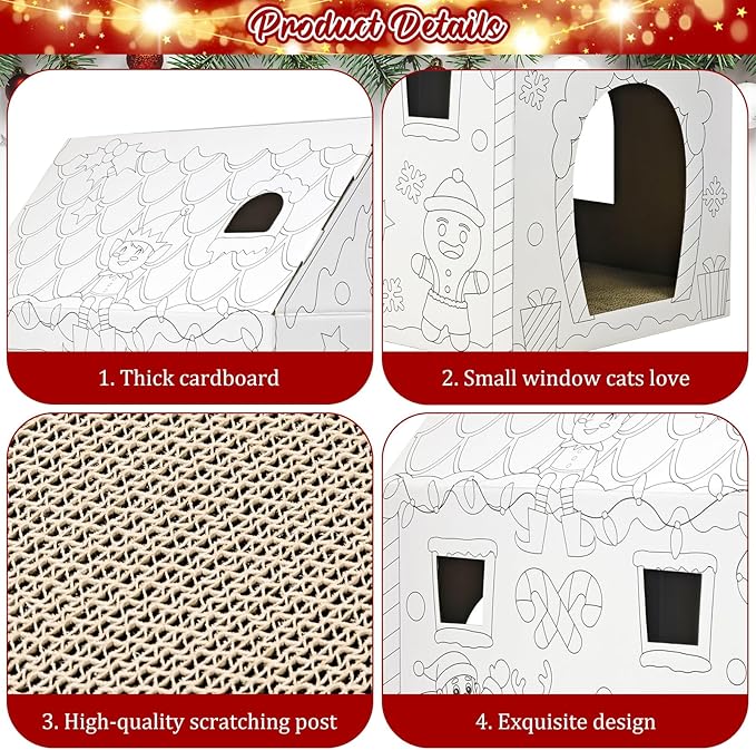 Cinrobiye Christmas Cardboard Cat House with Scratcher DIY Coloring Pet Gingerbread Board Bed Cave Playhouse Hideaway Hideout Condo Decor Animals Scratch Box for Indoor Cats Kittens Rabbits Bunny