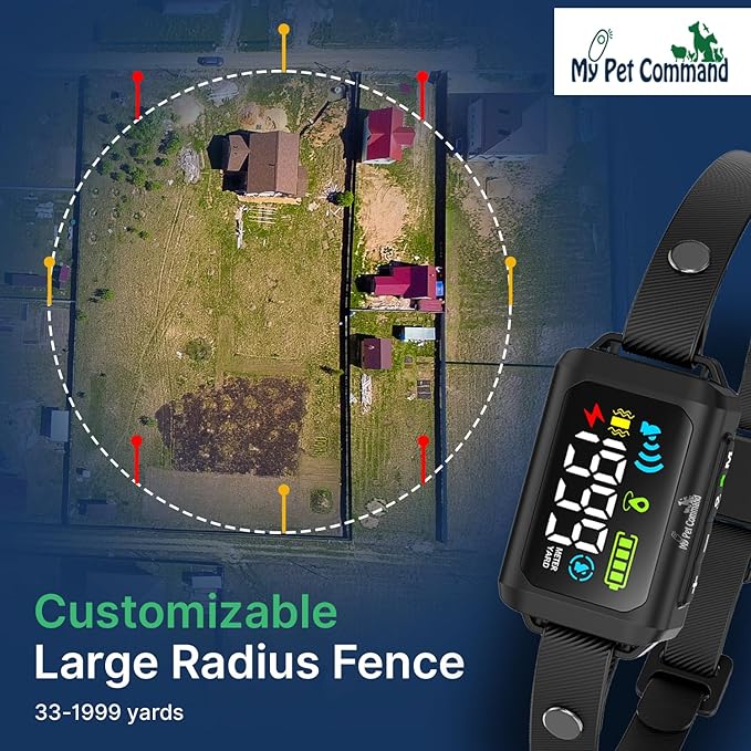 My Pet Command Wireless GPS Dog Fence No Wires & No Base Transmitter Outdoor Radius Coverage 33-1999 Yards IPX7 Waterproof Collar w/Tone, Vibrate & Safe Static Modes Fits Dogs 8″-28″ Neck (S to XL)