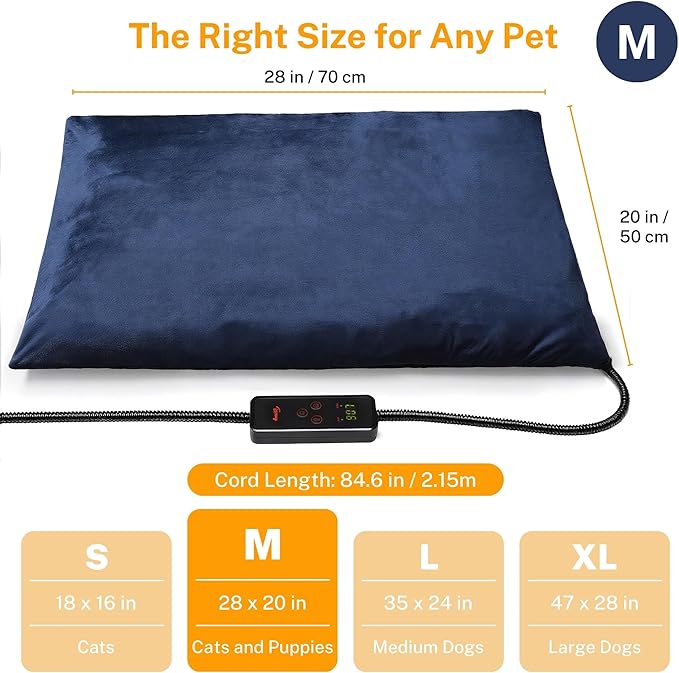 Toozey Pet Heating Pad, 6 Adjustable Temperature Dog Cat Heating Pad with Timer, Waterproof Heated Dog Bed with Chew Resistant Cord, Indoor Electric Pet Heated Mat 28x20in