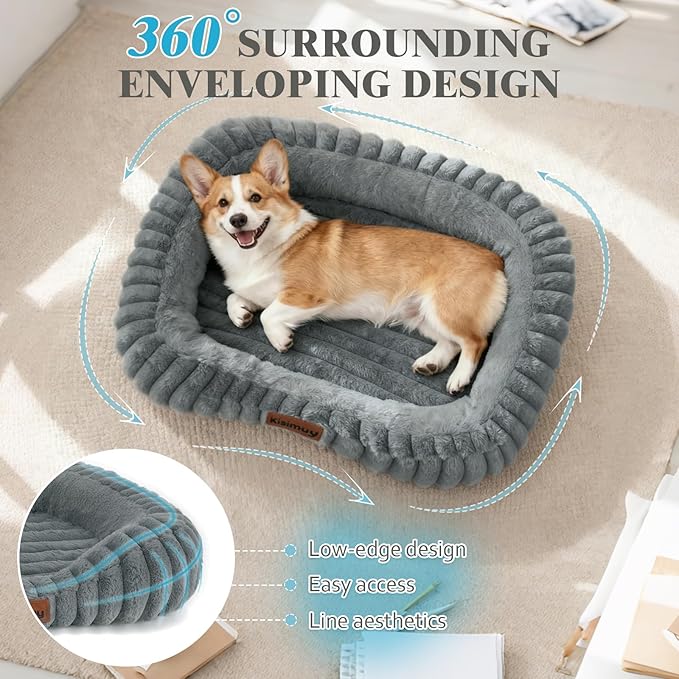 Cute Dog Bed for Small & Medium Dogs - Calming Orthopedic Rectangle Dog Bed with Reversible Cushion and Removable Cover, Washable Soft Pet Kennel Bed with Handle, 30x24x4Inches, Warm Grey
