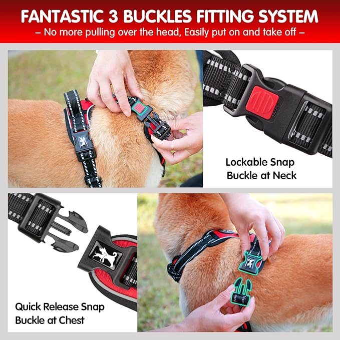 PoyPet Dog Harness and Leash Combo, Escape Proof No Pull Vest Harness, with 5 Feet Leash, Reflective Adjustable Soft Padded Pet Harness with Handle for Small to Large Dogs(Red,XL)