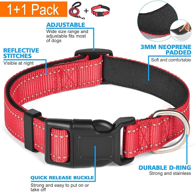 Reflective Dog Collar Padded with Soft Neoprene Breathable Adjustable Nylon Dog Collars for Small Medium Large Dogs (X-Small (Pack of 1), Red Collar+Leash)