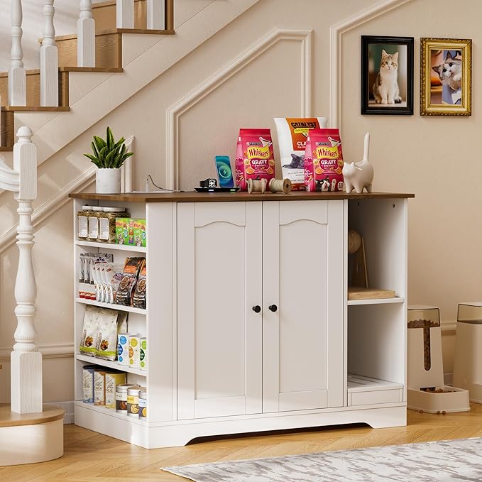 PAKASEPT Large Cat Litter Enclosure with Litter Collector, Wooden Cat Washroom Enclosure for self-Cleaning Litter Boxes, Large Hidden Litter Box Furniture with Charging Station, Wooden Cat House