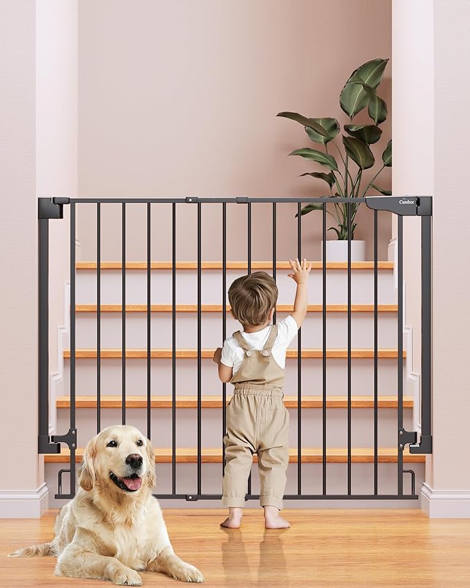 Cumbor 34" Extra Tall No Bottom Bar Baby Gate for Stairs, Wall Mounted Dog Gate Indoor for Larger Pets, Expandable 29.2-43" Safety Gate for Doorways, Wide Walk Thru Door for Easy Access (Black)