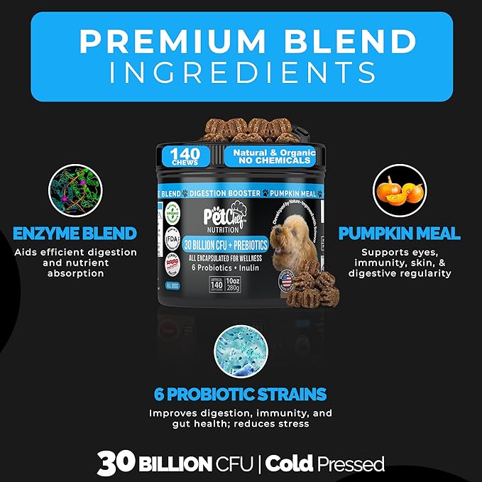 Pet Chef Probiotics for Dogs with Prebiotics & Enzymes 140 Naturally Healthy Soft Chews for Digestion Gut & Skin Health Puppy-Friendly Improves Poop Stops IBS Low Calorie No Fillers