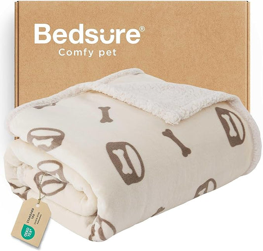 Bedsure Waterproof Dog Blankets for Medium Dogs Washable - Soft Print Sherpa Fleece Puppy Cat Blanket, Cozy Plush Reversible Throw Furniture Protector for Pet Kitten Doggy, 30"X40", Beige