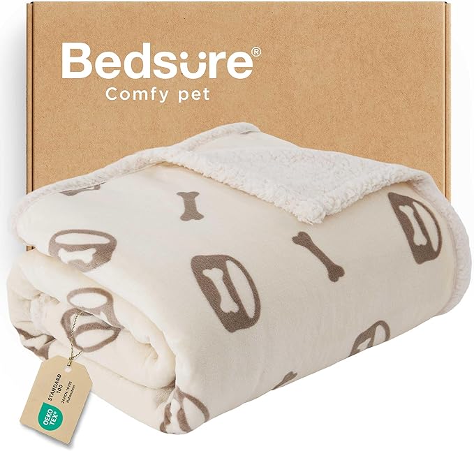 Bedsure Waterproof Dog Blankets for Large Dogs - Soft Print Sherpa Fleece Pet Cat Blanket Washable for Couch Protection, Cozy Plush Reversible Throw Furniture Protector, 40"X50", Beige