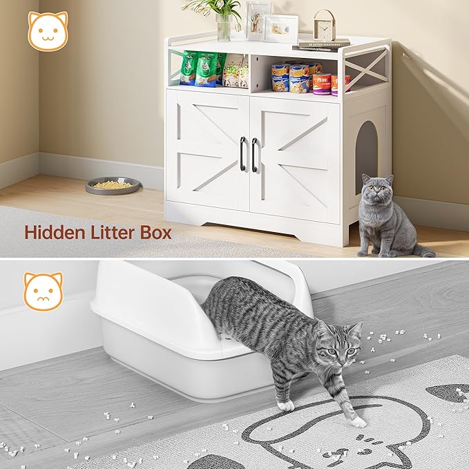 35" Ultra-Large Cat Litter Box Enclosure, Hidden Litter Box Cabinet with Anti-Tipping Fence and 2 Open Drawers, Enclosed Litter Box Furniture End Table, White