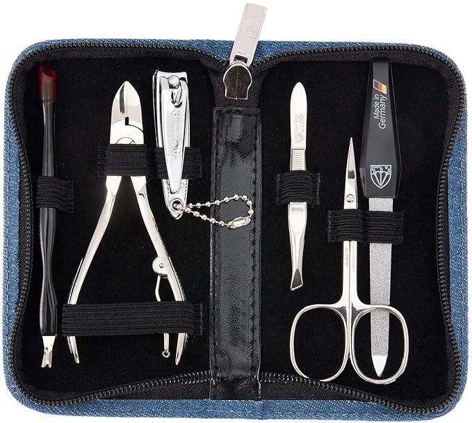 3 Swords Germany - brand quality 6 piece manicure pedicure grooming kit set for nail care with textile case jeans blue Made in Germany