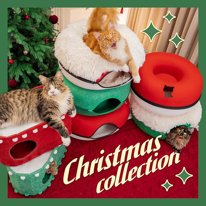 Cattasaurus Peekaboo Cat Cave, Extra Spacious for Multiple & Large Cats 12+ lbs, Scratch Detachable Cat Beds for Indoor Cats, Washable Tunnel Bed, Comfy Donut Tunnel (Ruby Snowball, Jumbo)