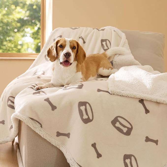 Bedsure Waterproof Dog Blankets for Large Dogs - Soft Print Sherpa Fleece Pet Cat Blanket Washable for Couch Protection, Cozy Plush Reversible Throw Furniture Protector, 40"X50", Beige