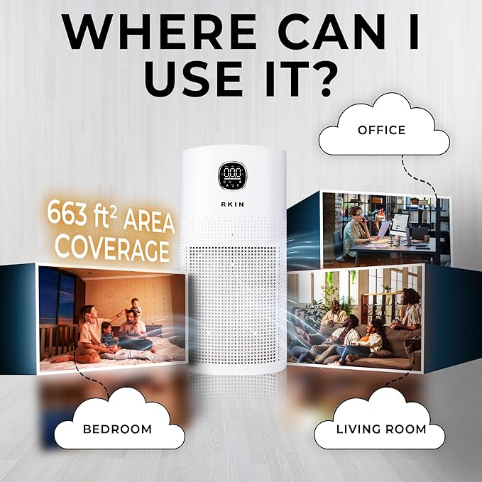 RKIN Smart Air Purifier - Large Room Air Purifier with PM2.5 Monitor, WiFi & App Control for Pet Hair, Odors, Pollen & Smoke for Home, Covers Up to 663 Ft², Auto, Turbo, and 29.5db Sleep modes