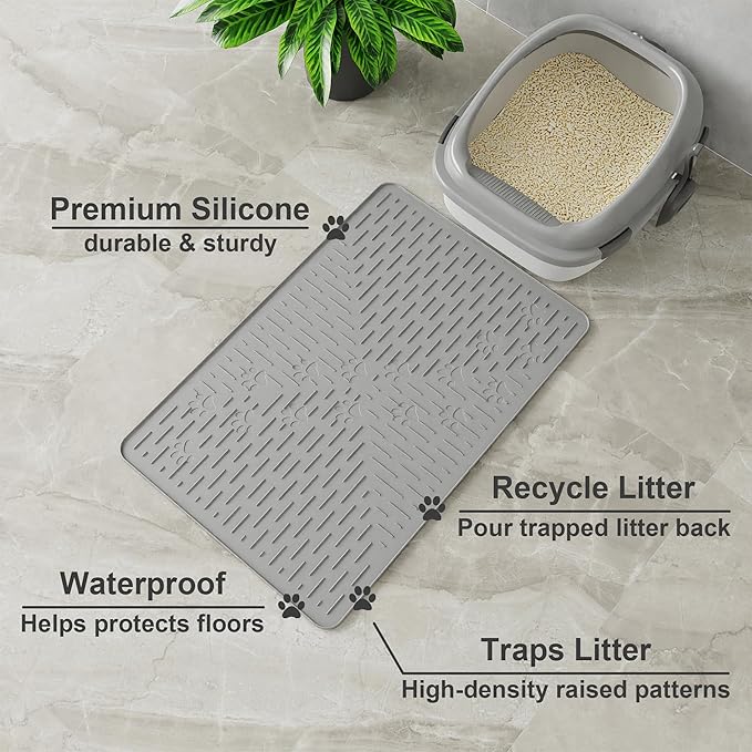 OHMO Cat Litter Mat Trapping Mat Premium Silicone Rubber 23.5x16 Grey, Waterproof and BPA Free Kitty Litter Box Mat, Easy to Clean and Keeps The Floor Tidy