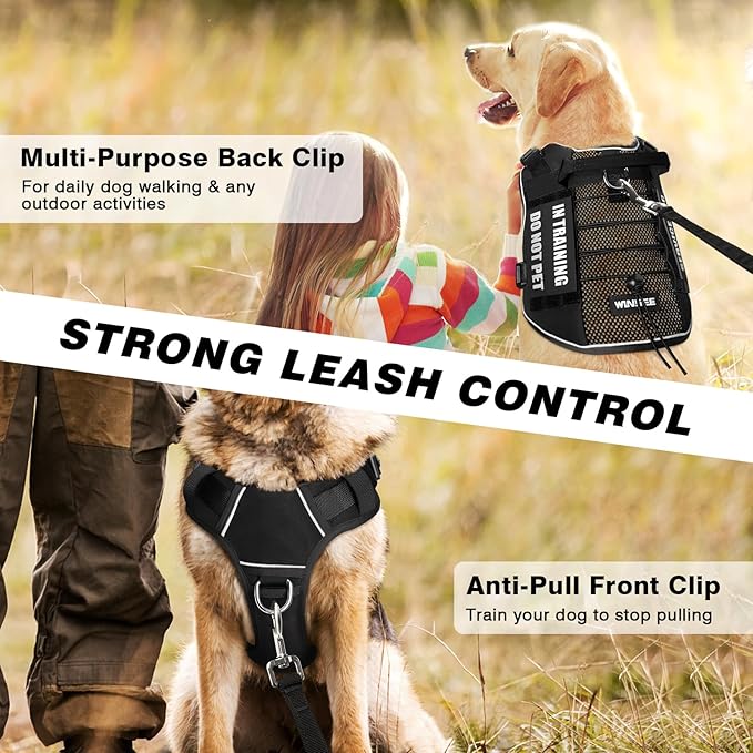 WINSEE Service Dog in Training Mesh Harness with 10 Pet Patches, Soft Air Mesh Breathable Tactical Dog Molle Vest, Reflective Military Pet Vest for Walking Hiking for Large Dogs