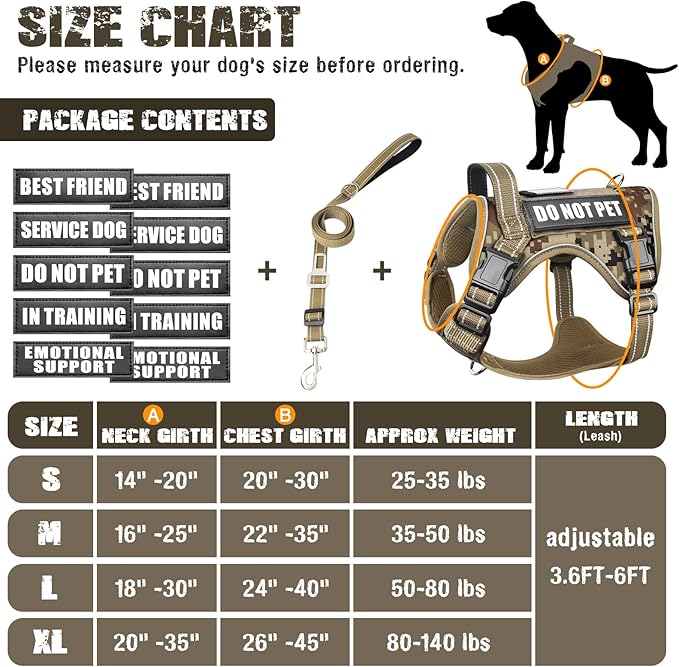 Tactical Dog Harness and Leash Set Small Sized Dog,Heavy Duty No Pull Service Dog Vest and 10 Patches with Dog Seat Belt,Reflective Adjustable Pet Harness for Training Walking Hiking Camo S