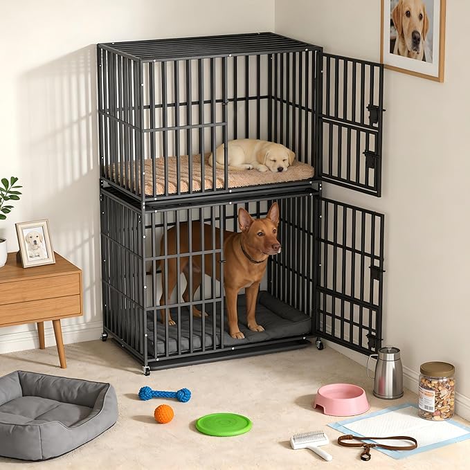 BingoPaw Heavy Duty Dog Crate: 38Inch Dog Kennel Stackable Made by Chew Resistant Square Meatl Tube - Two Tiers Dog Kennel Indoor Escape Proof with Wheel and Tray