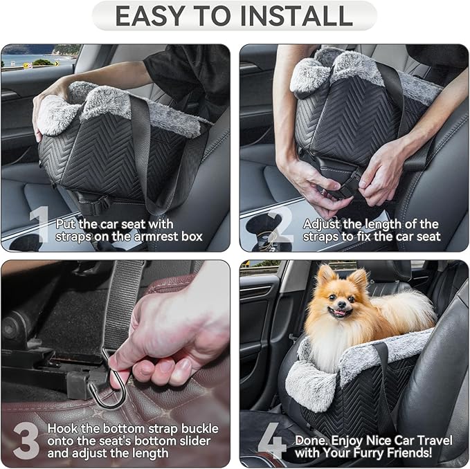 PETSFIT Center Console Dog Car Seat, Portable Pet Car Seat with Safe Protective Hooks, Luxury Dog Car Seats for Small Dogs Includes Safety Leash and Storage Pocket for Pets Up to 9 lbs (Black)