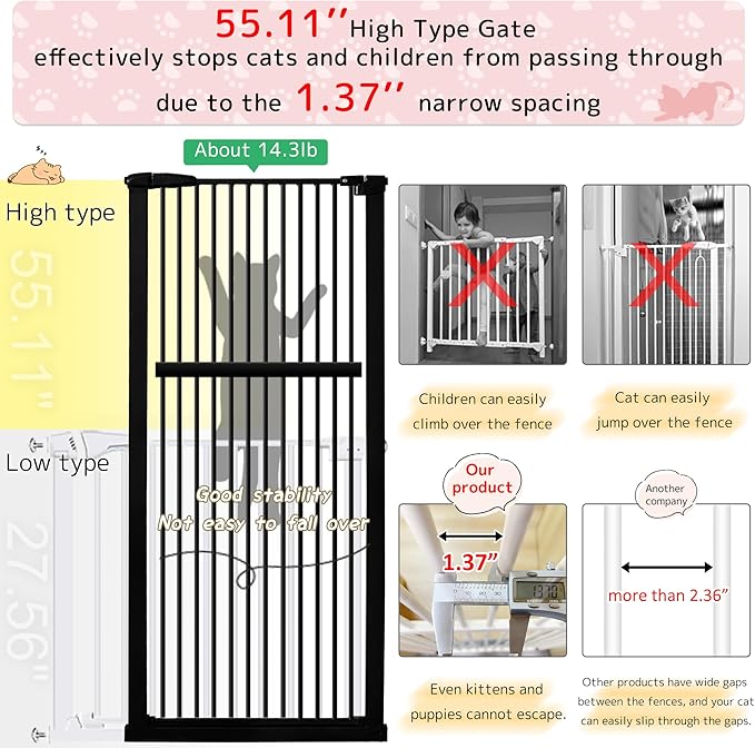 Lumizone Extra Tall Pet Gate 55.12" High Pressure Mounted 50.79"-55.11" Extra Wide (9 Sizes) 1.37" Gap for Cat Dog Stairs Doorway Hallway No Drilling Auto-Close (50.79"-55.11" W, Black)