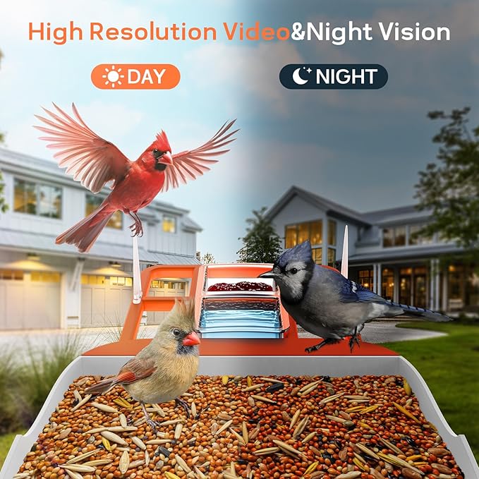 Smart Bird Feeder with Camera,Solar Powered Outdoor WiFi Birds House Camera with Built in AI Identification,Auto Cloud Recording,FHD Video, for Bird Watching,Parents,Orange