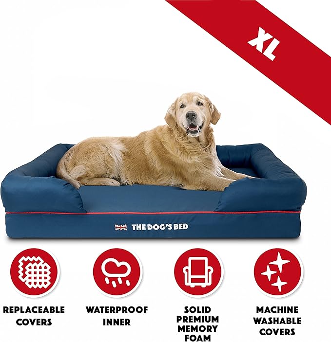 The Dog’s Bed Orthopedic Dog Bed XL Blue Oxford with Red Trim UK Flag Dog Bed, Memory Foam, Pain Relief: Arthritis, Post Surgery, Lameness, Waterproof Washable Cover, Veterinary Approved