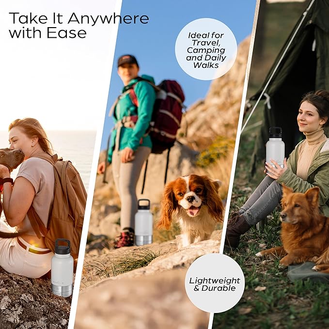 Insulated 32oz Stainless Steel Dog Water Bottle with Food & Water Bowls, Leak-Proof Pet Travel Dispenser for Dogs, Portable for Hiking, Walking, Outdoor