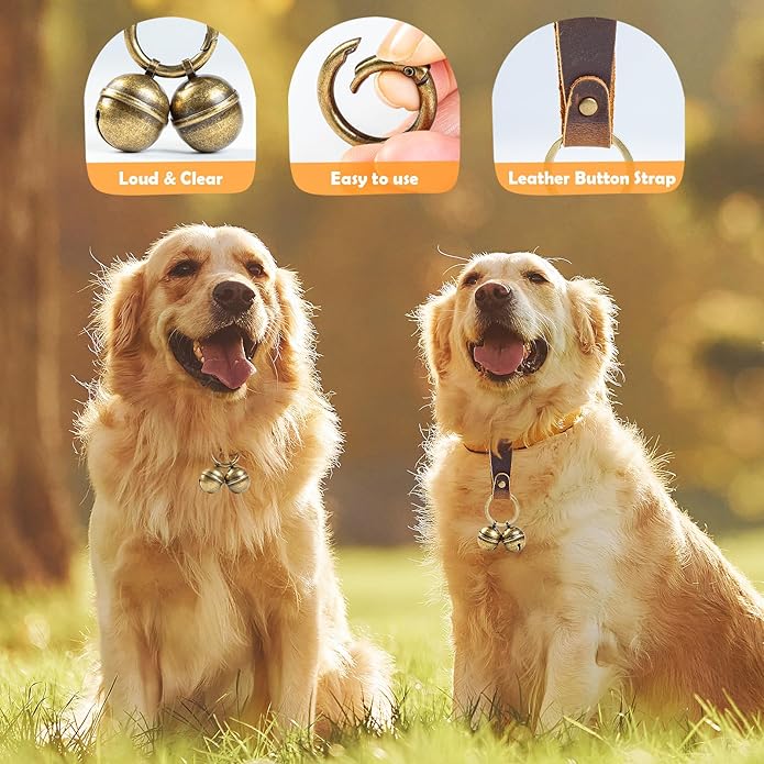 Loud Dog Collar Bells, Durable Pet Bells Tracker for Large Dogs, 4 Copper ells and 2 Leather Button Strap for Outdoor Safety, Pet Tracking, Hiking, Walking