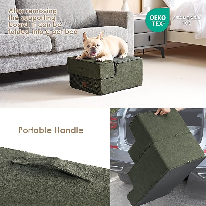 EHEYCIGA Dog Stairs for Small Dogs 13.5" H, 3-Step Dog Steps for Couch Sofa and Chair, Pet Steps for Medium Cats, Non-Slip Balanced Pet Ramp Indoor, Military Green