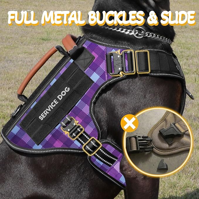 Service Dog Harness - Full Metal Buckles Dog Vest for Medium Large Dogs, Reflective No Pull with Leather Handle, Hook & Loop for Hiking Training (Purple, M)
