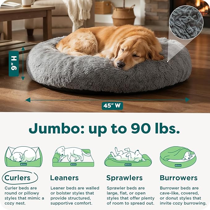 FurHaven 45" Calming Donut Dog Bed for Large Dogs, Round Plush Donut Design with Soft Filling for Snuggling Comfort, Removable Washable Cover, Jumbo XL, Shaggy Faux Fur, Gray