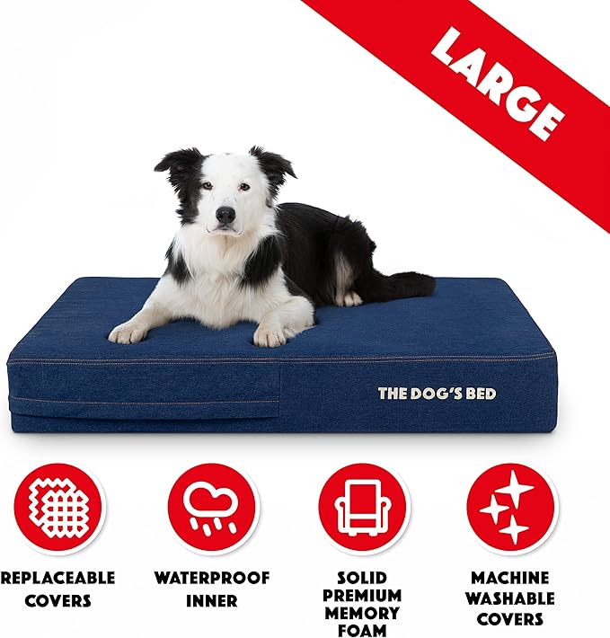 The Dog’s Bed Orthopedic Memory Foam Dog Bed, Large Blue Denim, Pain Relief for Arthritis, Hip & Elbow Dysplasia, Post Surgery, Lameness, Supportive, Waterproof Washable Cover, Veterinary Approved