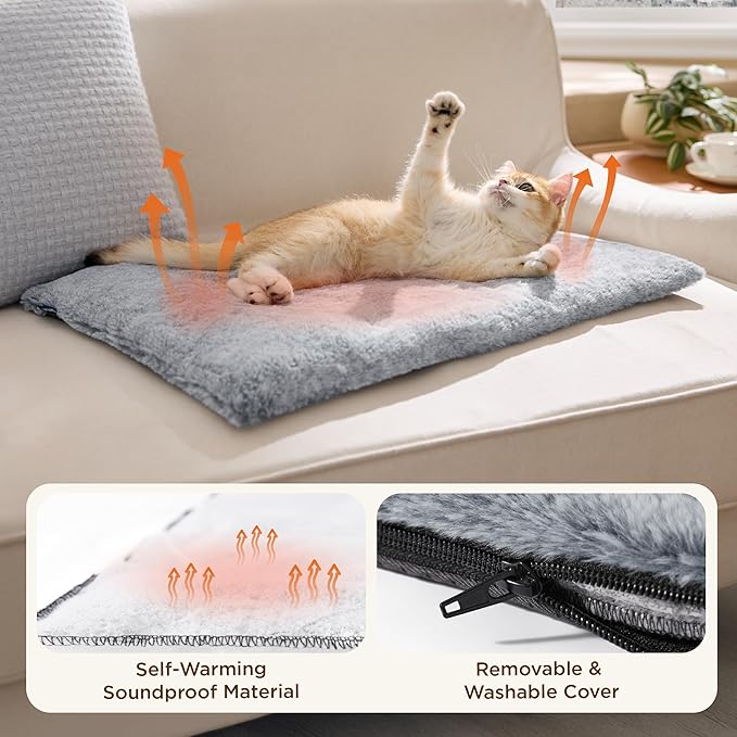 Bedsure Self Warming Cat Bed, Extra Warm Self Heating Mat for Cats & Dogs Non Electric, Anti-Slip Medium Thermal Pet Pad Indoor with Removable Washable Cover, 29" x 19",Grey