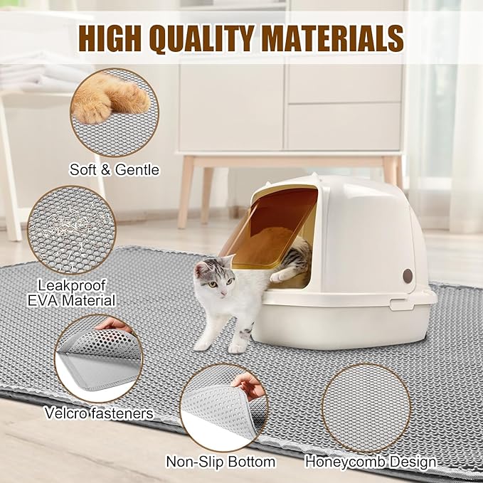 Cat Litter Mat,45"x32"Large Cat Litter Mat Litter Trapping Mat,Honeycomb Double Layer Kitty Litter mat,Soft EVA Material,Durable,Urine & Waterproof,Easy Clean,Washable(Light grey)