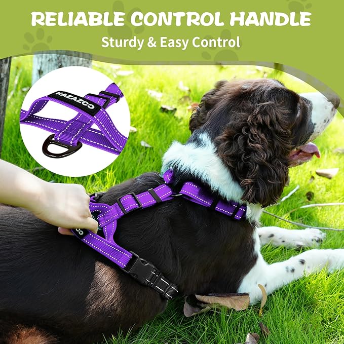 No-Pull Harness,Y-Shaped Design,Buckle-Neck Balance Harness with Reflective Stitching, Ideal for Dog Training and Night Walking, Padded Handle, Durable High-Tensile Nylon-Purple-M