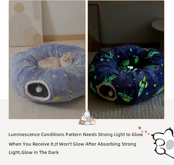 Under Christmas Tree Large Cat Tunnels Bed Tube for Indoor Cats Glows in The Dark Cat Tunnel with Cushion and Plush Ball Toy Toys for Dog Puppy Kitten Rabbit Bunnies Ferret Pet Blue