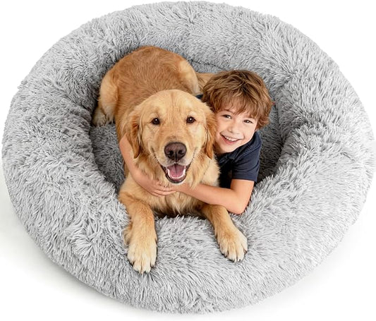 Calming Donut Pet Bed with Extra Large Thick Orthopedic Foam Cooling Gel Dog Bed XXL Waterproof Cover with Removable Washable,Giant Plush Comfort Couch for Anxiety Old Fluffy Friends Joints,Grey